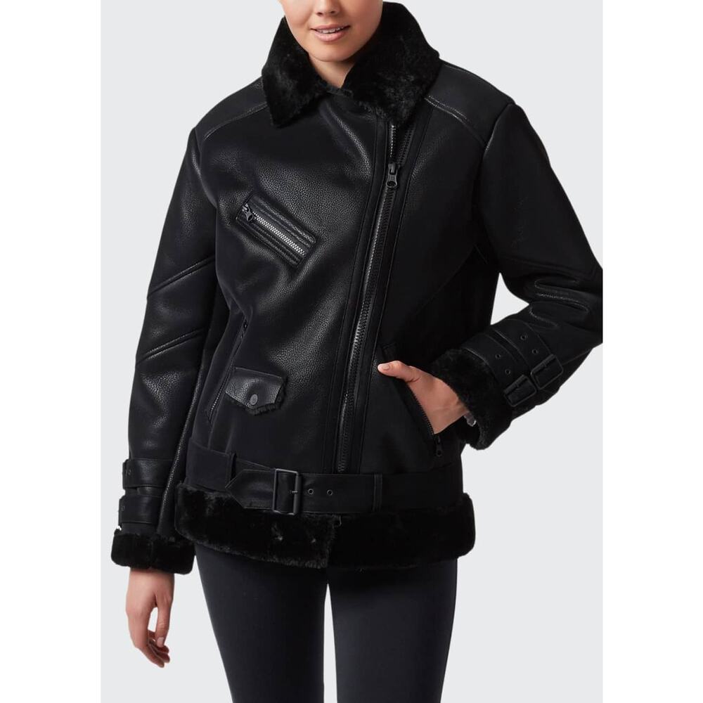 Blanc Noir Violetta Faux Leather Shearling Oversized Moto Biker Jacket Large